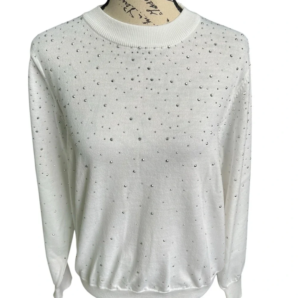 Nannette White Sweater with Rhinestone Accents